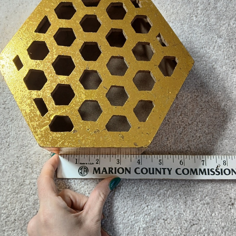 Wooden Honeycomb Hexagon Nesting Box Bee Decor Sign Gold Foil Metallic Shiny - Picture 2 of 13